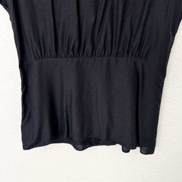 [Icelandic Design] Black Surplice Wrap Pleated Front Blouse Bamboo Silk Blend L - Picture 8 of 10